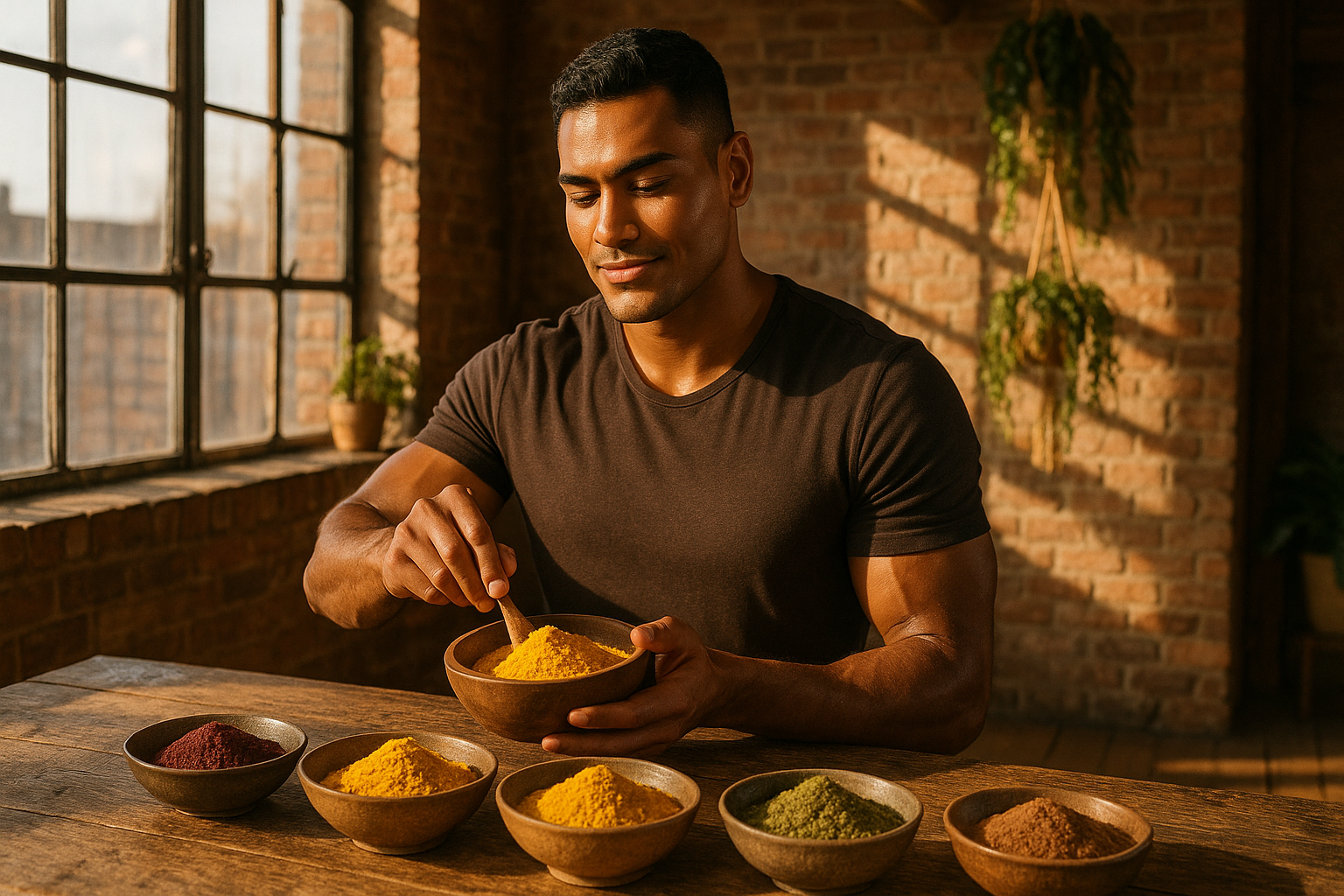 Man mixing herbal powders in industrial loft