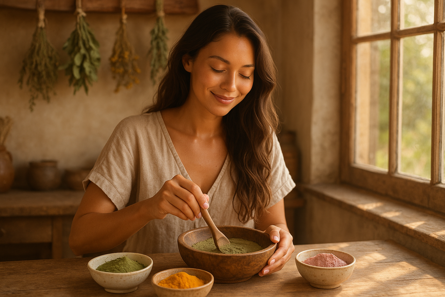 Mixing herbal powders in rustic kitchen