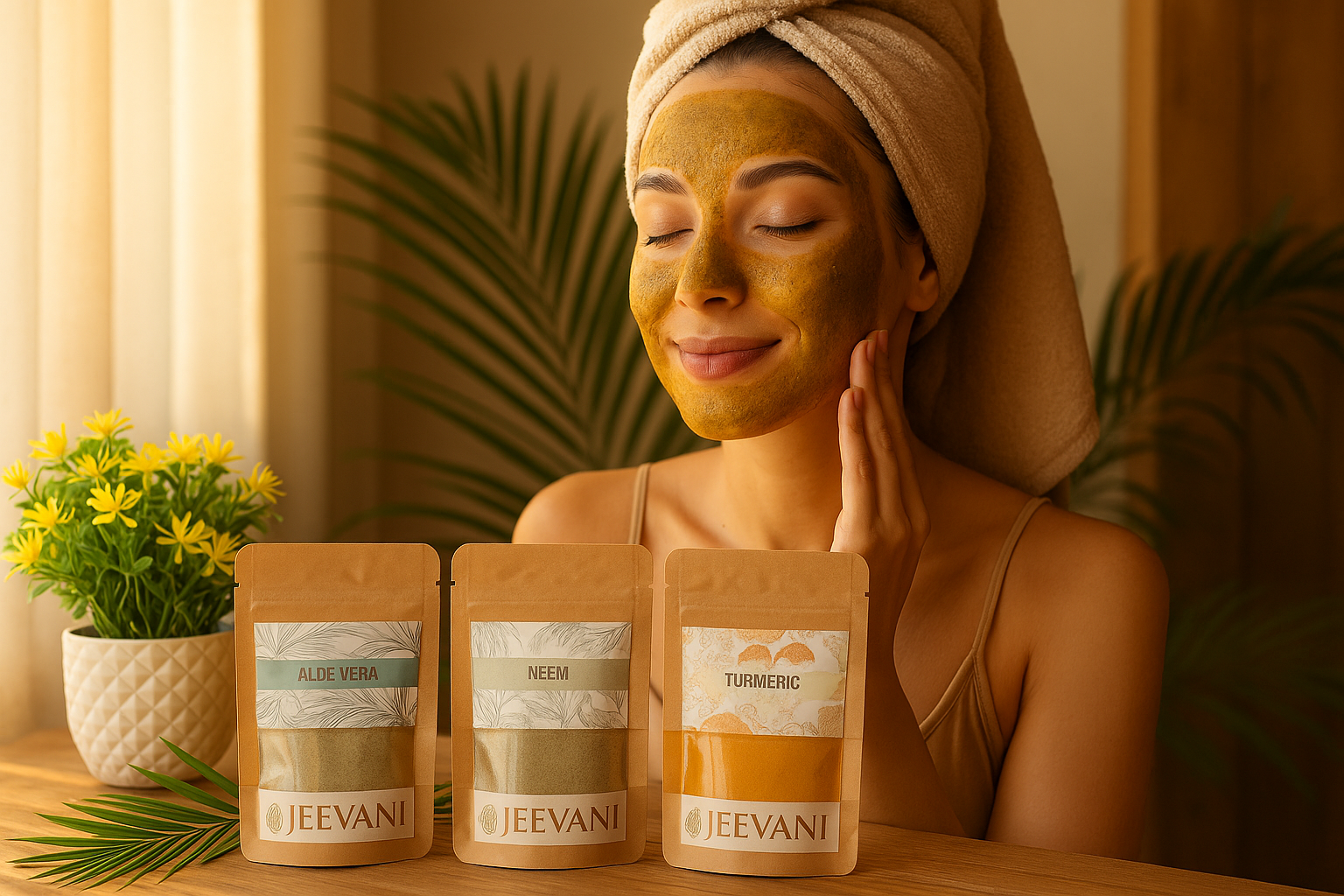 Woman using JEEVANI herbal powder products